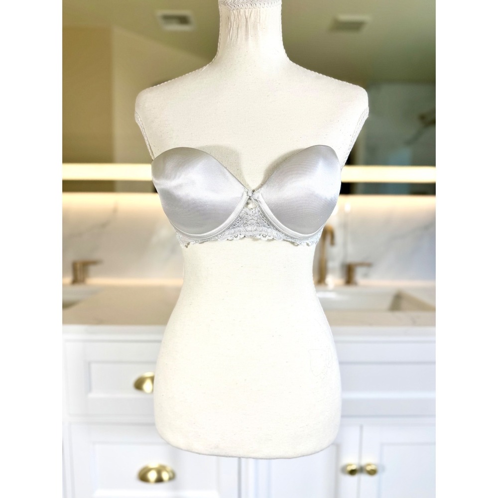 zebel Strapless Bra Womens 34B White Satin Lace Padded Underwire Convertible
